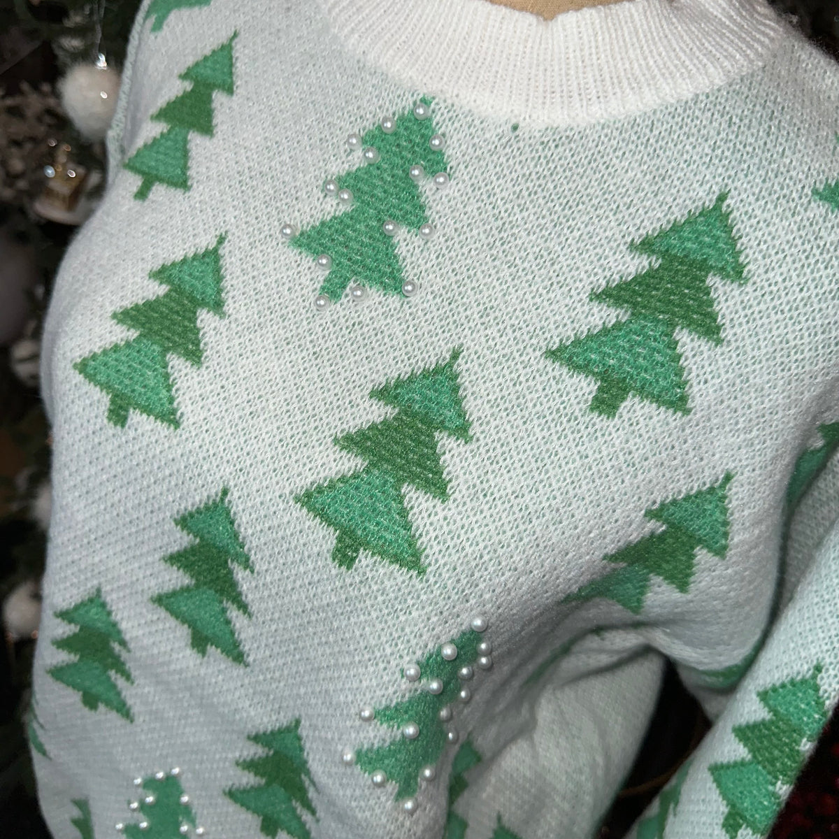 Pearl Beads Tree Sweater | Green &amp; Ivory