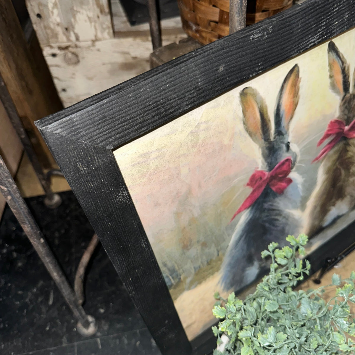 Three Bunnies with Pink Bows | Rustic Black Frame | Wall Art