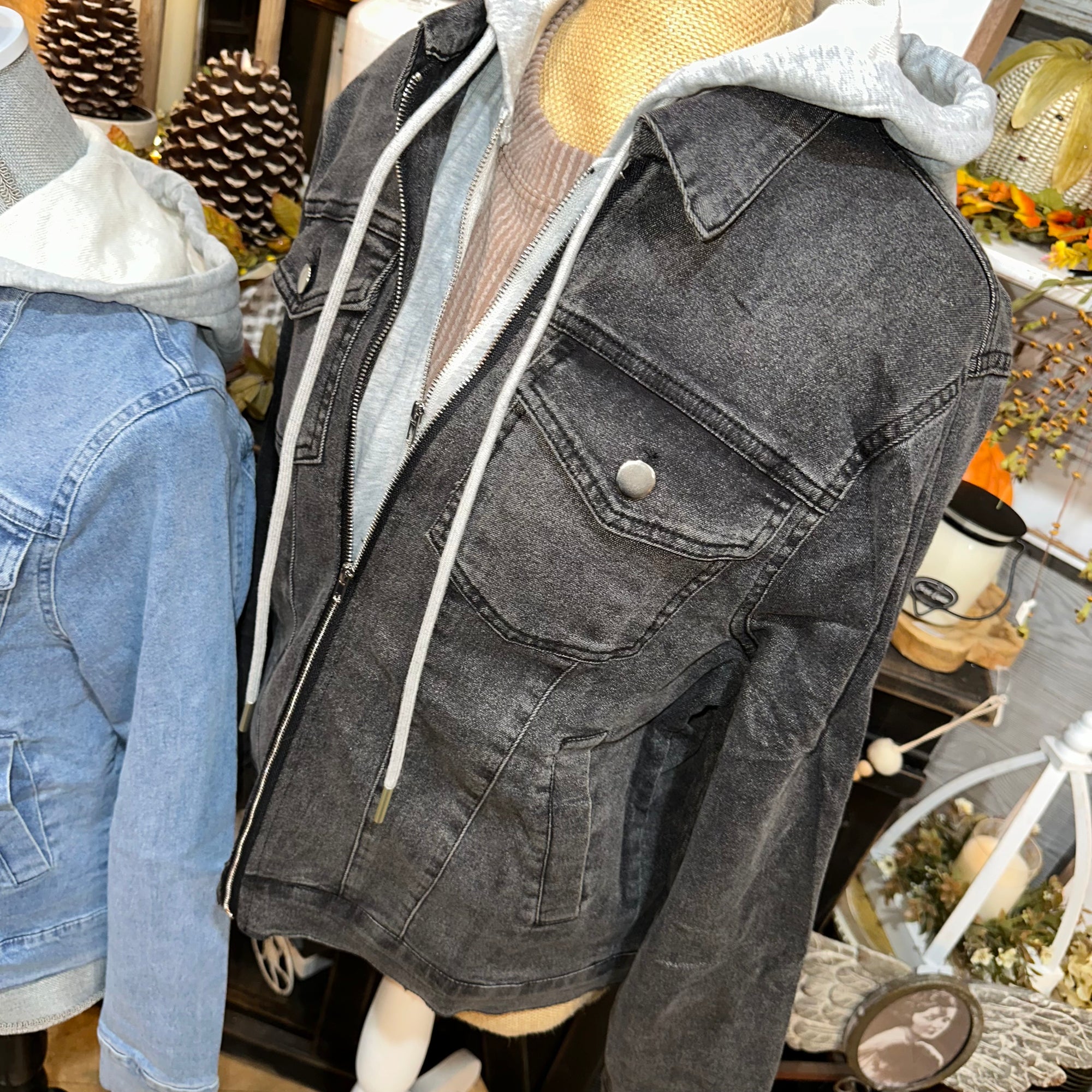 Hooded Jean Jacket | Black Wash or Denim Blue