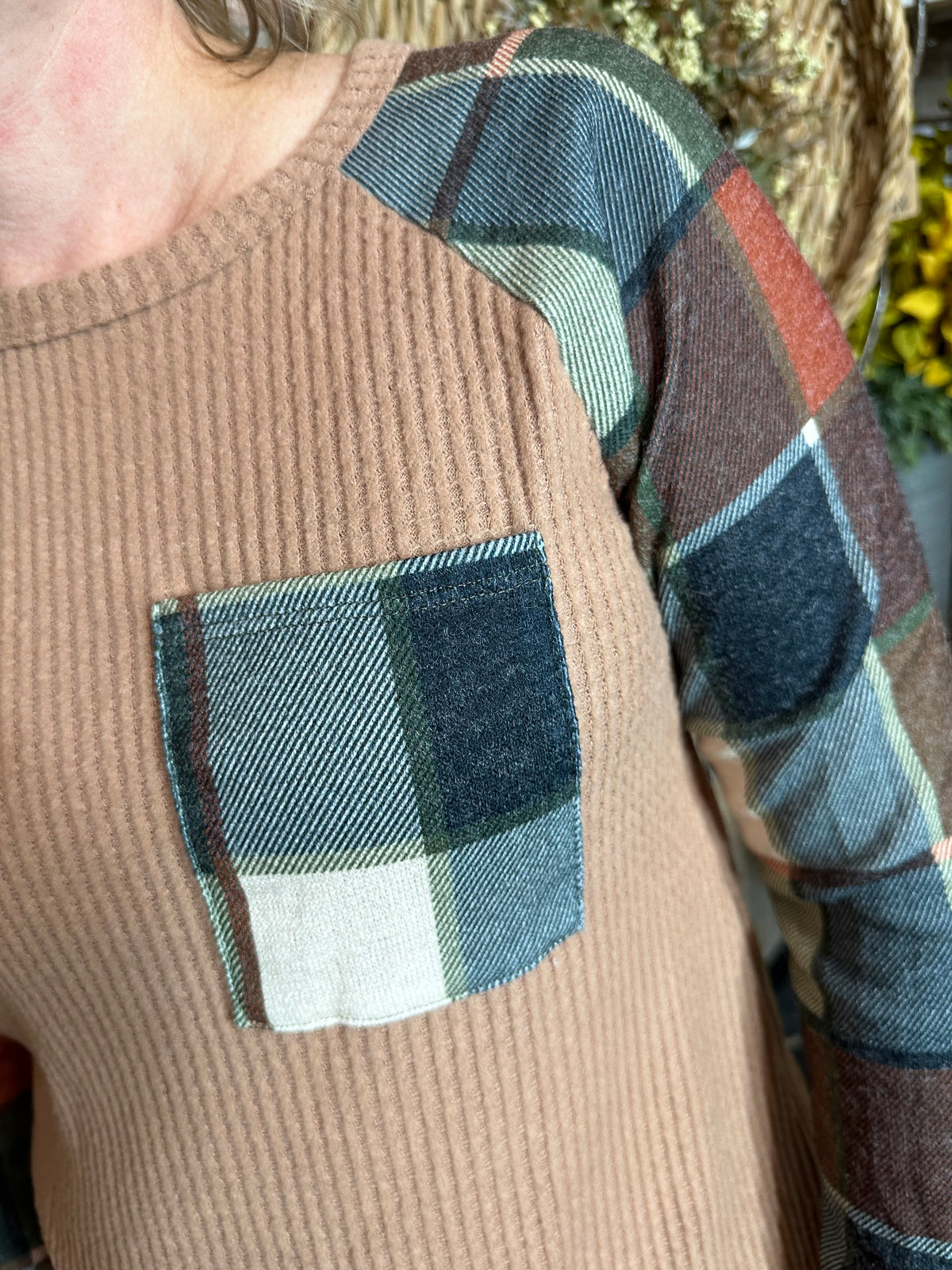 Waffle &amp; Plaid Fall Top with Pocket