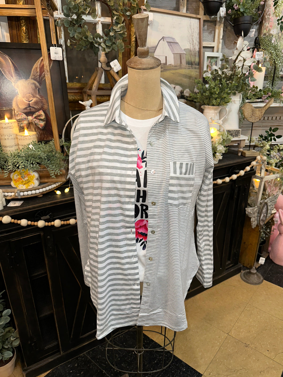Light Gray &amp; White Striped Button Up Shirt