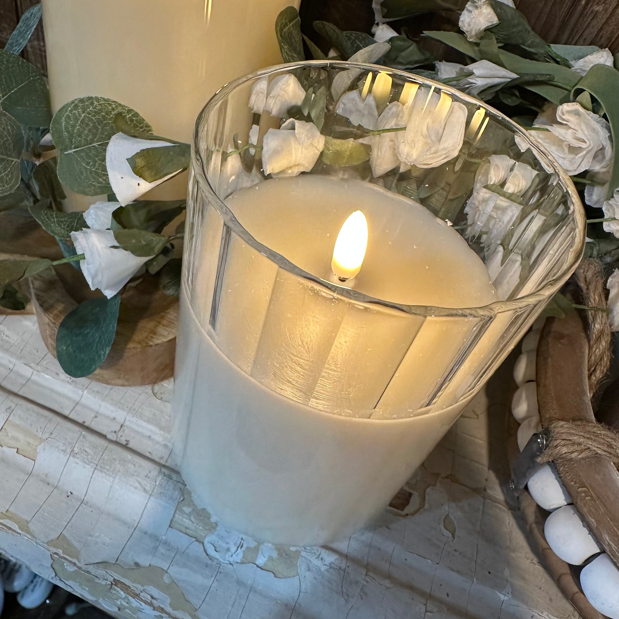 Rippled Glass Vase Candle | Cream | Battery Operated