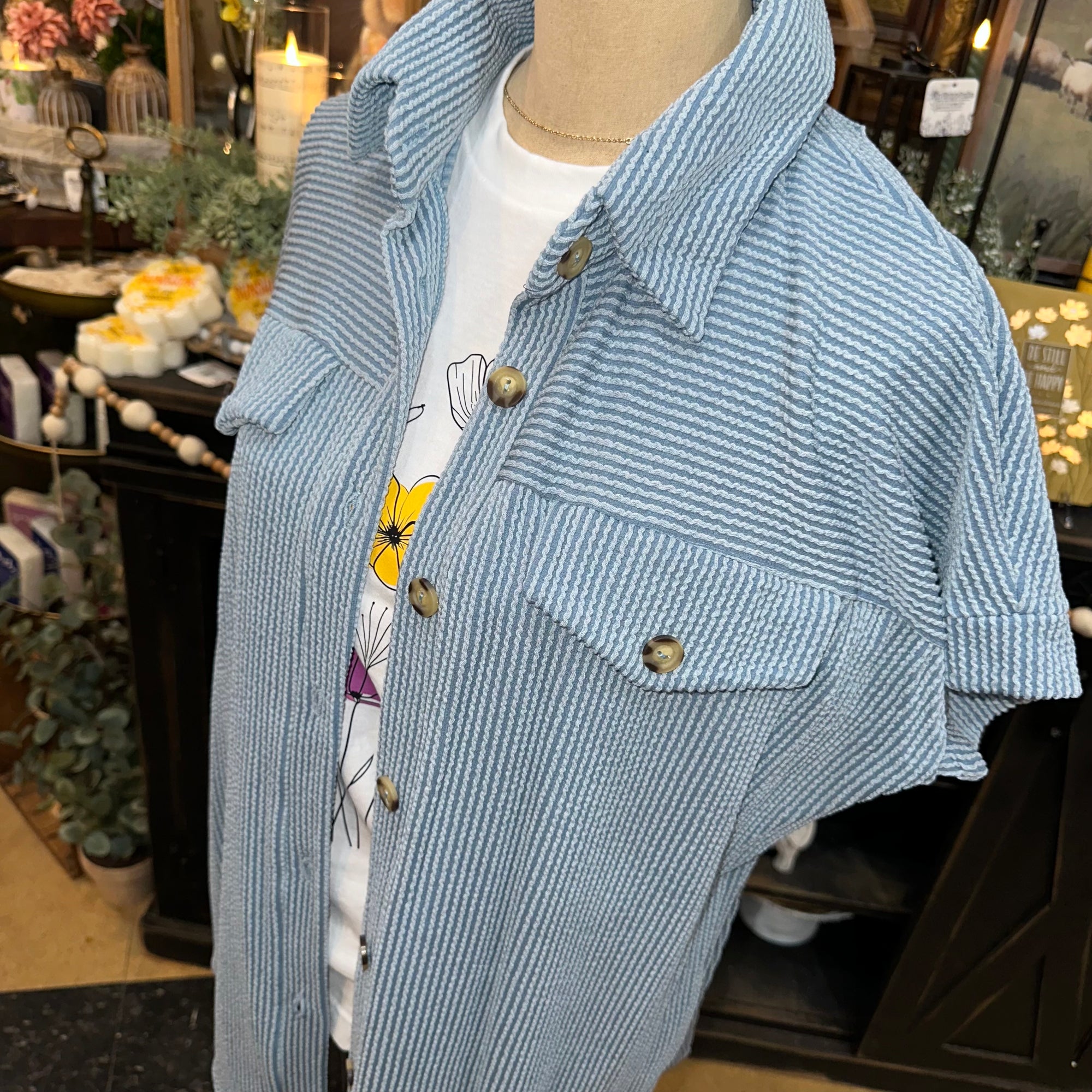 Ribbed Short Sleeved Button Up | Slate