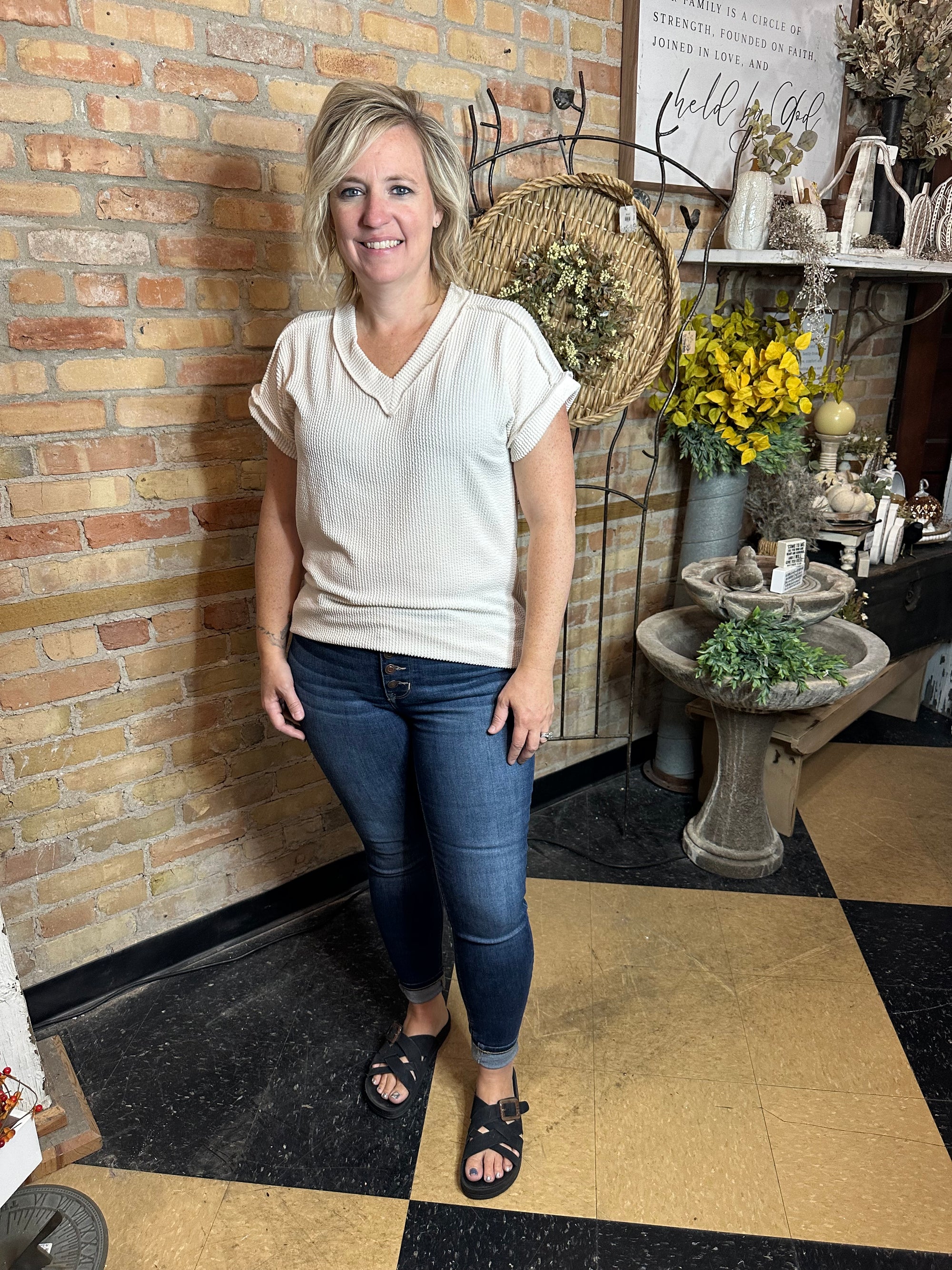 Ribbed V-Neck Top | Cream