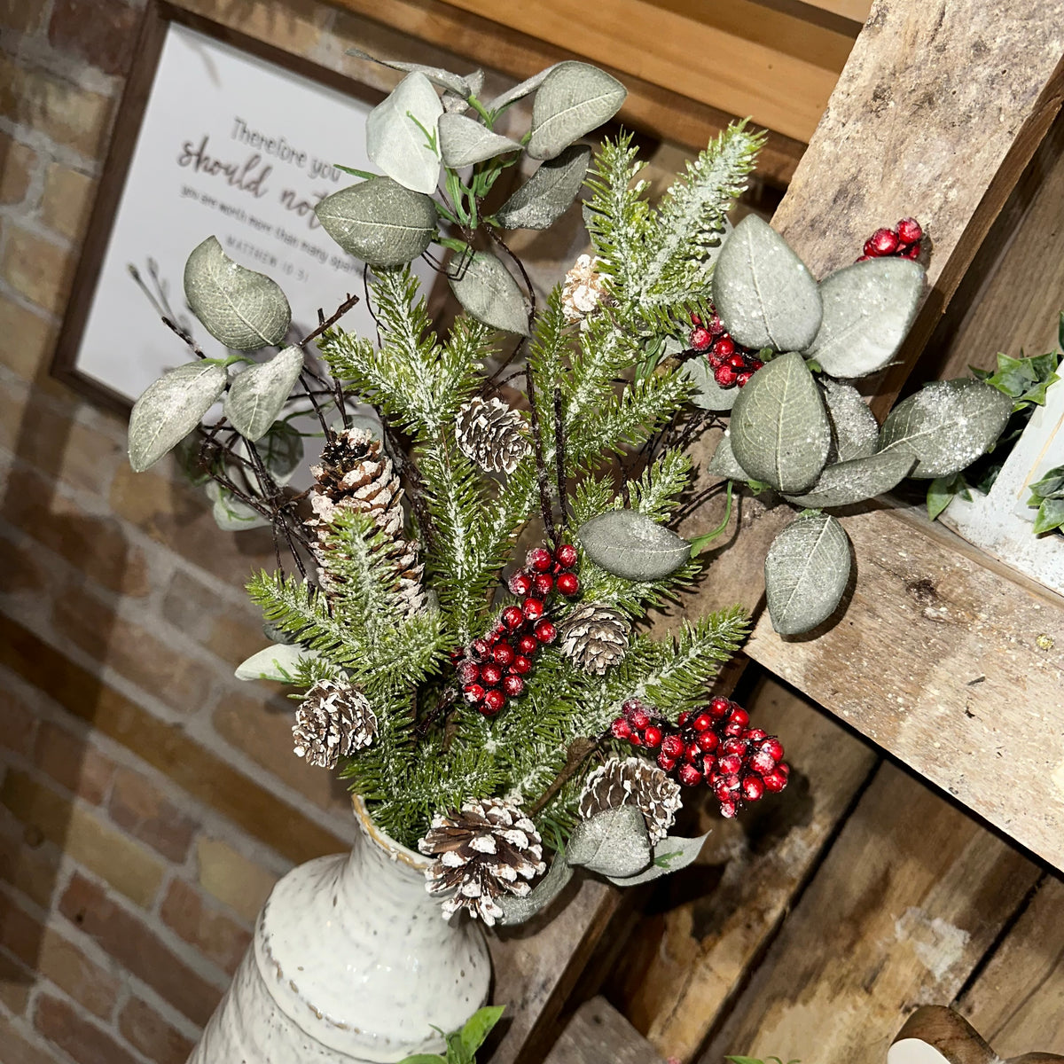 Pine, Red Berries &amp; Pinecones Bush