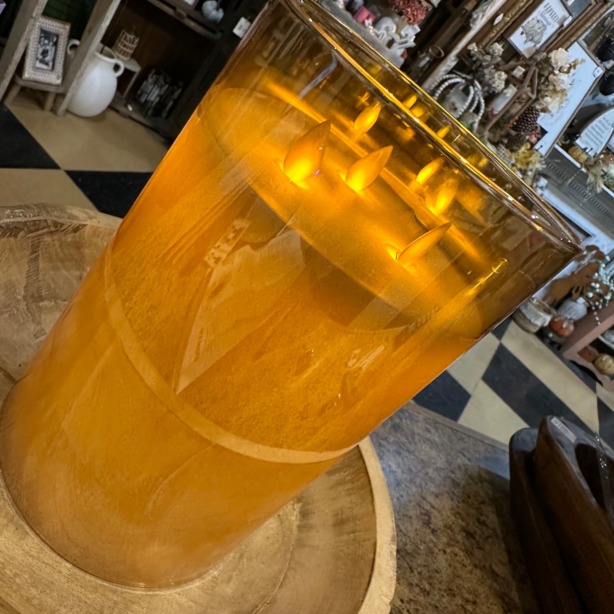 Triple Wick Glass Vase Candle | Amber | Battery Operated