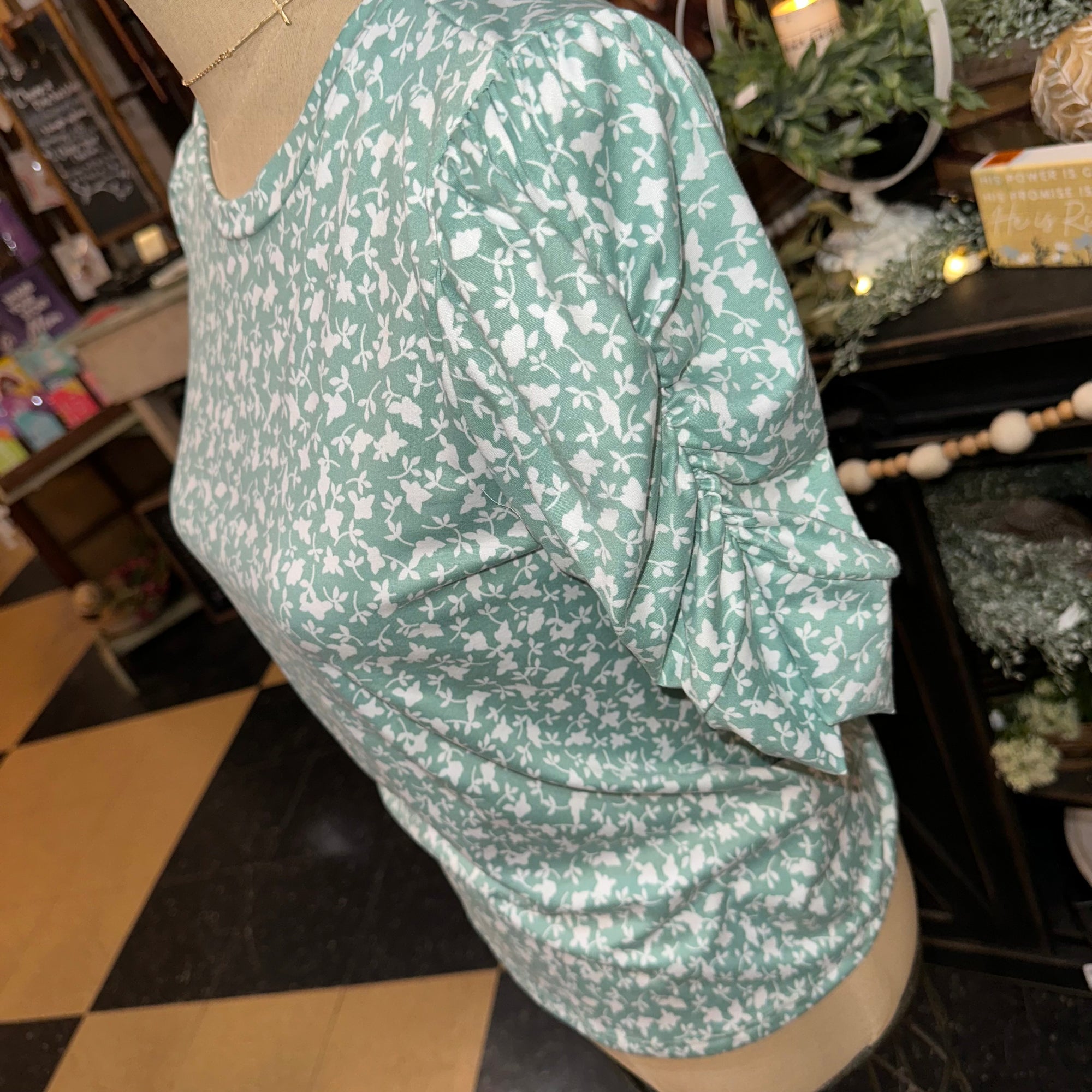 Mint Floral Puff Sleeve Top