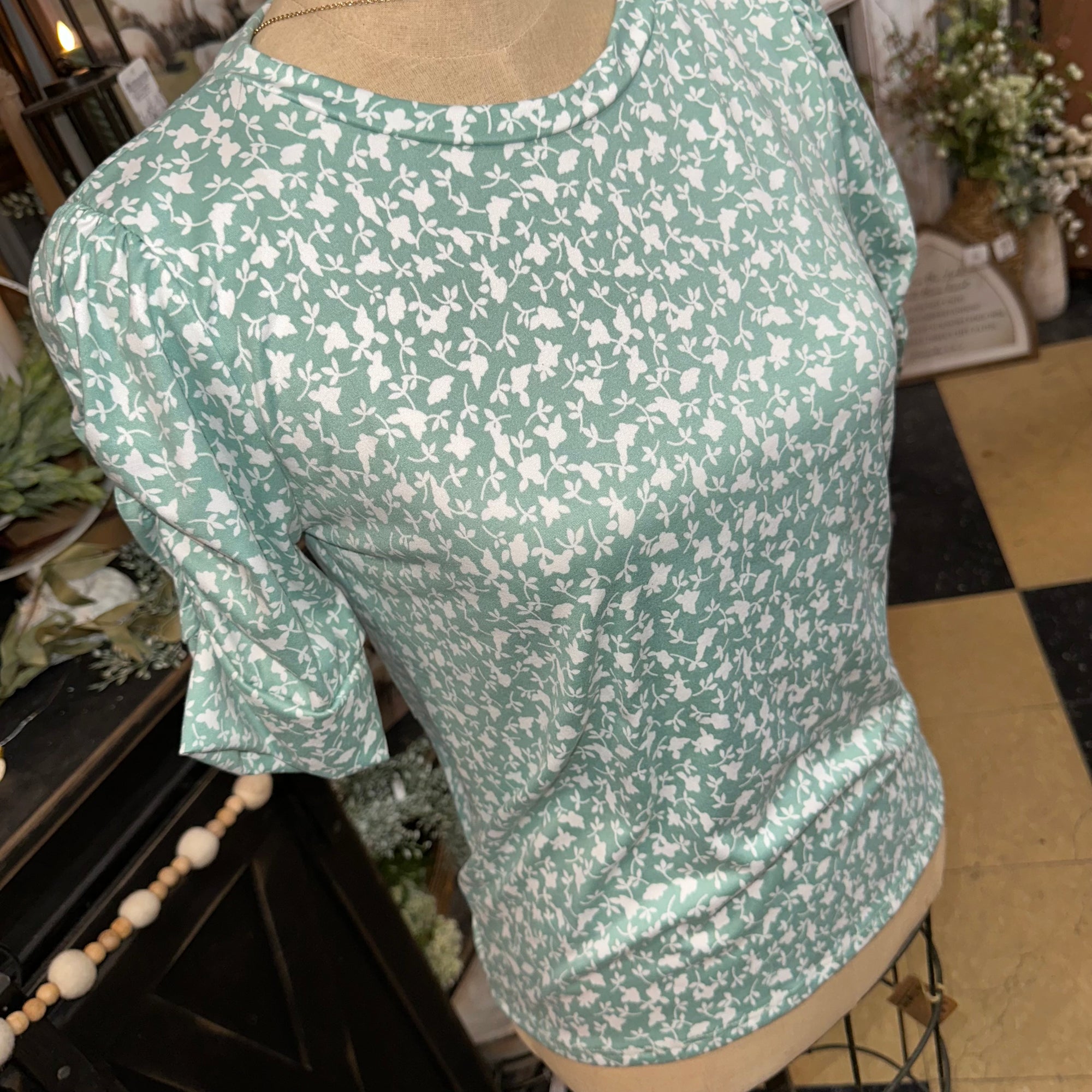Mint Floral Puff Sleeve Top
