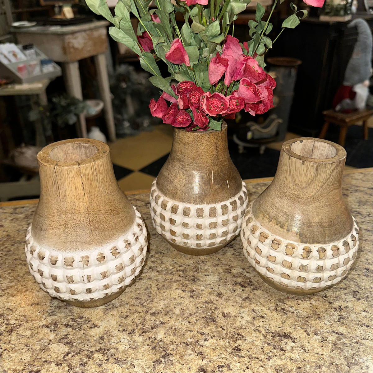 Carved Wood Checkered Vase | 6&quot;