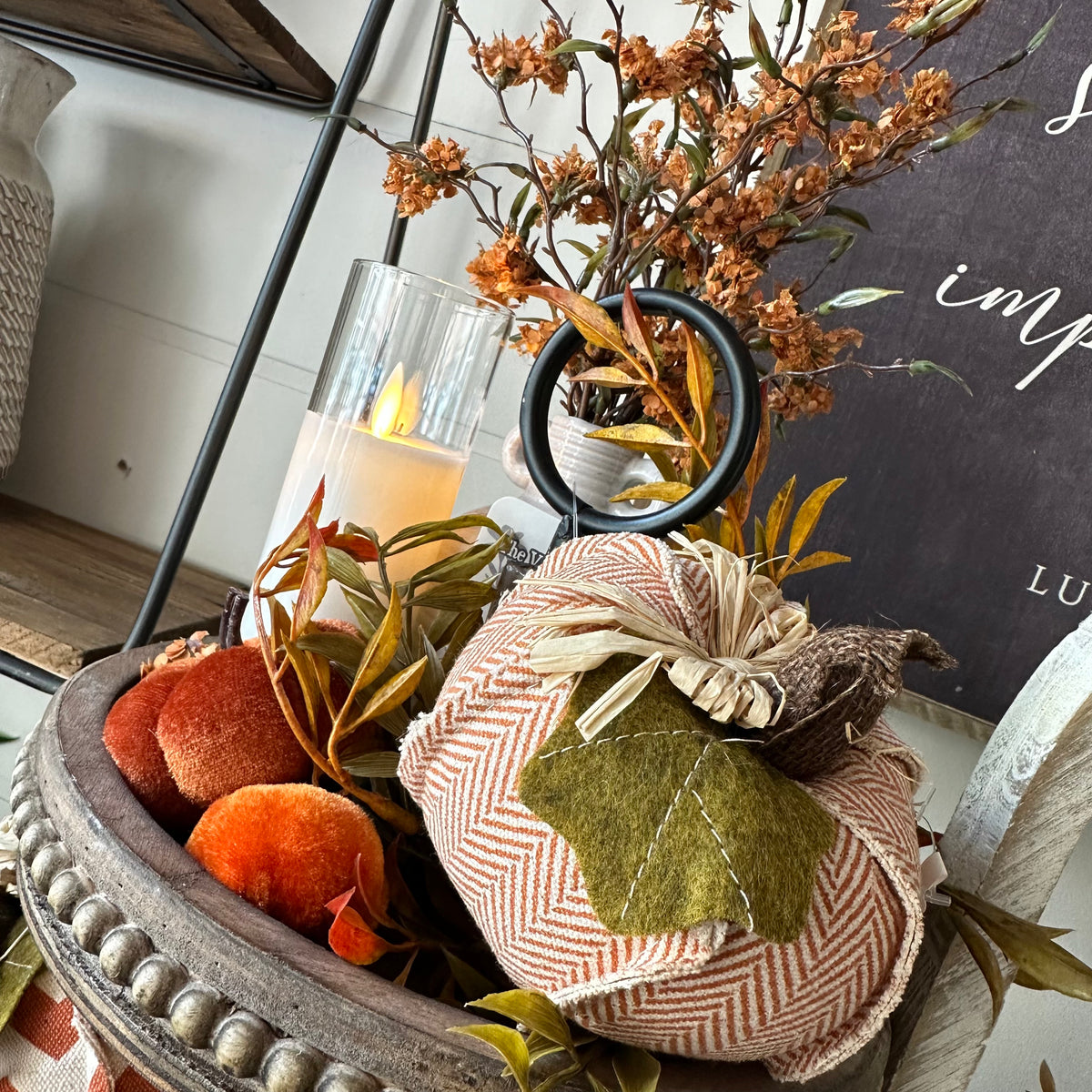 Tiered Pumpkin &amp; Candle Setting | Autumn Tabletop Display