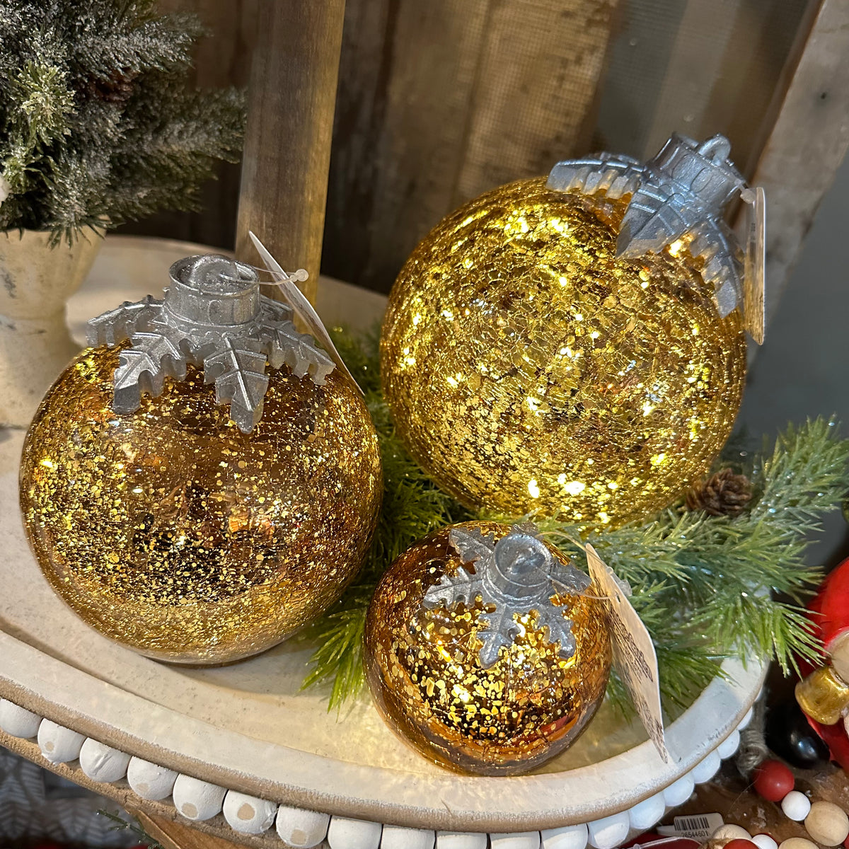 Lighted Crackle Glass Orb Ornaments | Battery Operated