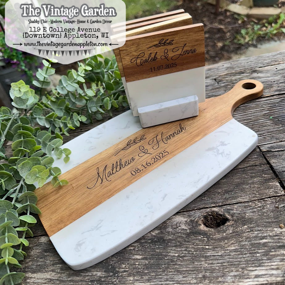 Wedding Gift | Custom Wood &amp; Marble Cutting Board | Coasters