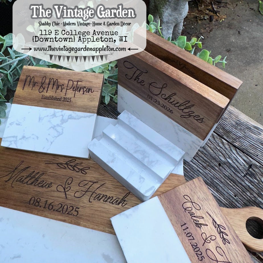 Wedding Gift | Custom Wood &amp; Marble Cutting Board | Coasters