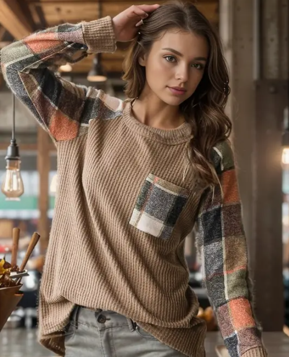 Waffle &amp; Plaid Fall Top with Pocket