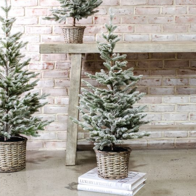 Flocked Pine Tree in Woven Basket