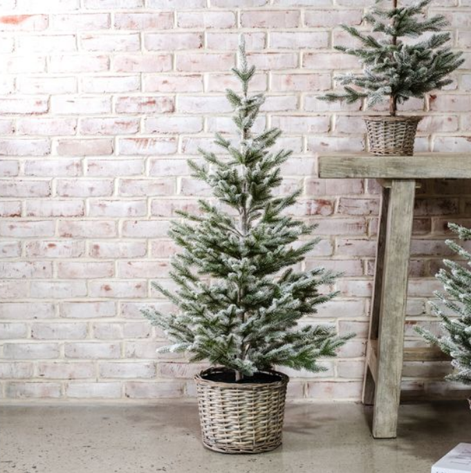 Flocked Pine Tree in Woven Basket