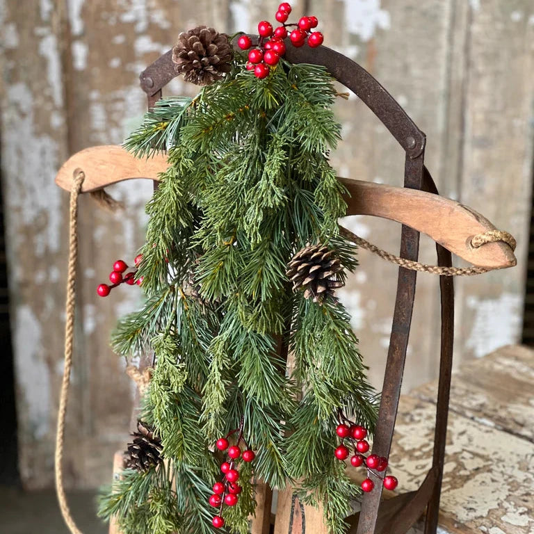 Pine &amp; Red Berry Hanging Bush | 34&quot;