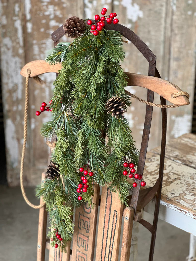 Pine &amp; Red Berry Hanging Bush | 34&quot;