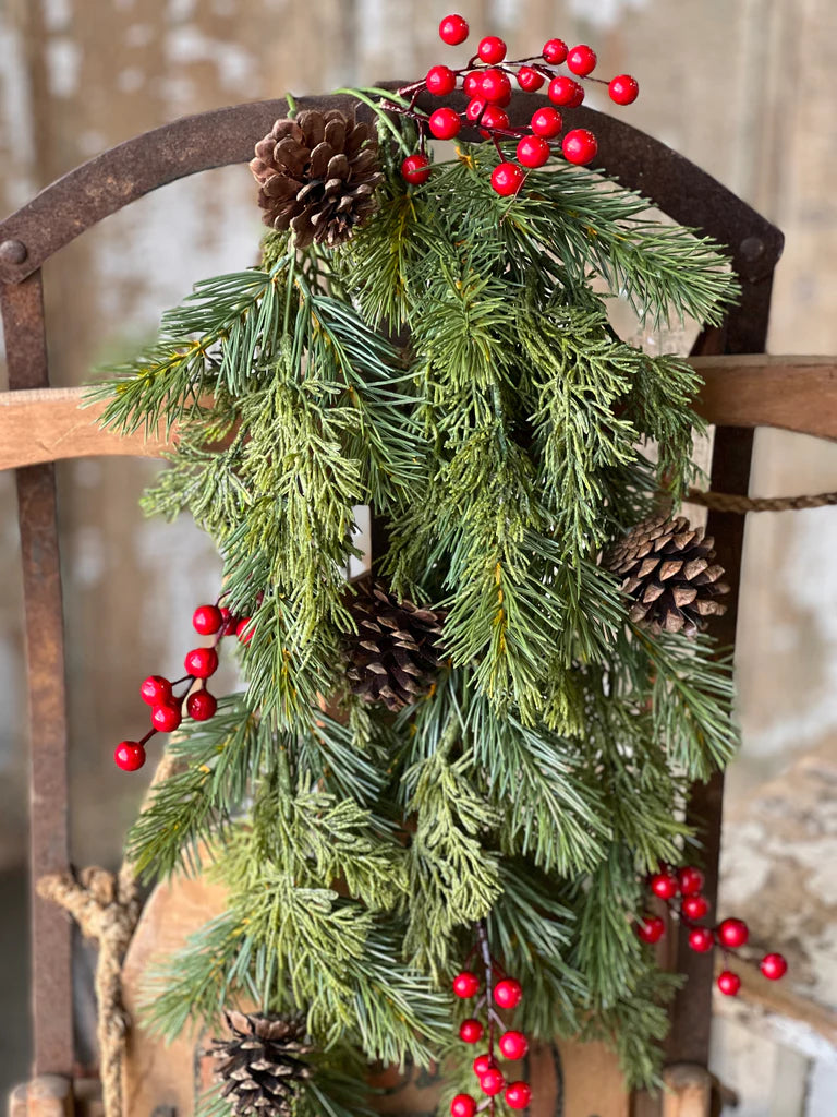 Pine &amp; Red Berry Hanging Bush | 34&quot;