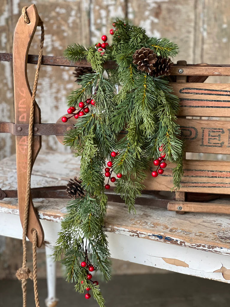 Pine &amp; Red Berry Hanging Bush | 34&quot;