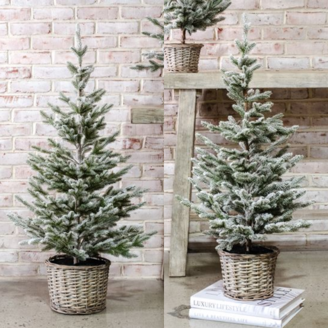 Flocked Pine Tree in Woven Basket