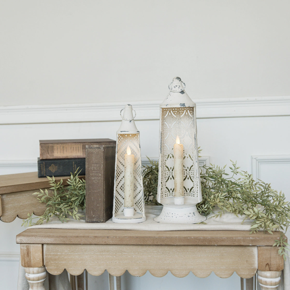 Stamped Metal Taper Candle Lantern | Vintage Cream