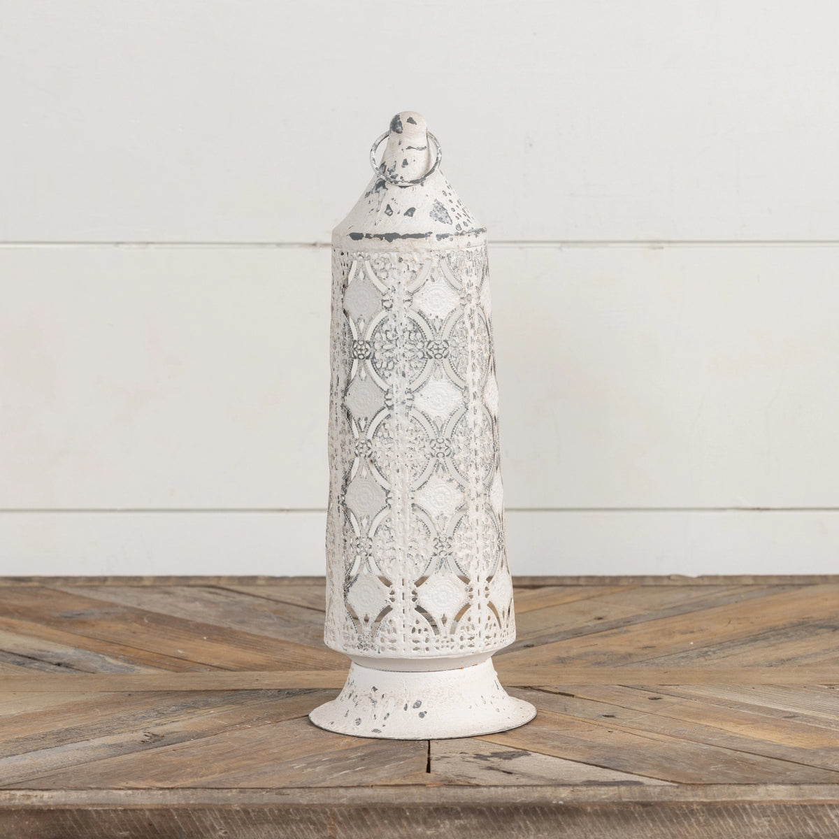 Stamped Metal Taper Candle Lantern | Vintage Cream