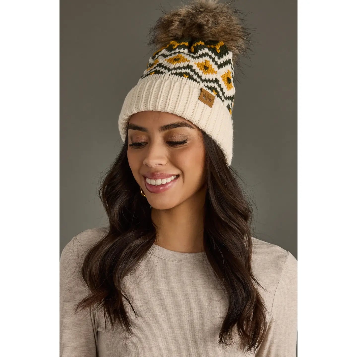 Patterned Pom Hat | Cream, Green & Gold