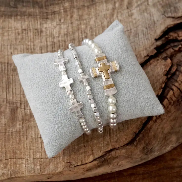 Stacked Cross Bracelet Set | Worn Silver &amp; Gold