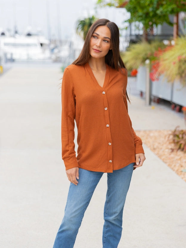 Waffle Knit Button Up Cardigan | Pumpkin