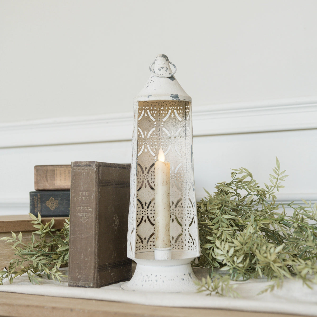 Stamped Metal Taper Candle Lantern | Vintage Cream