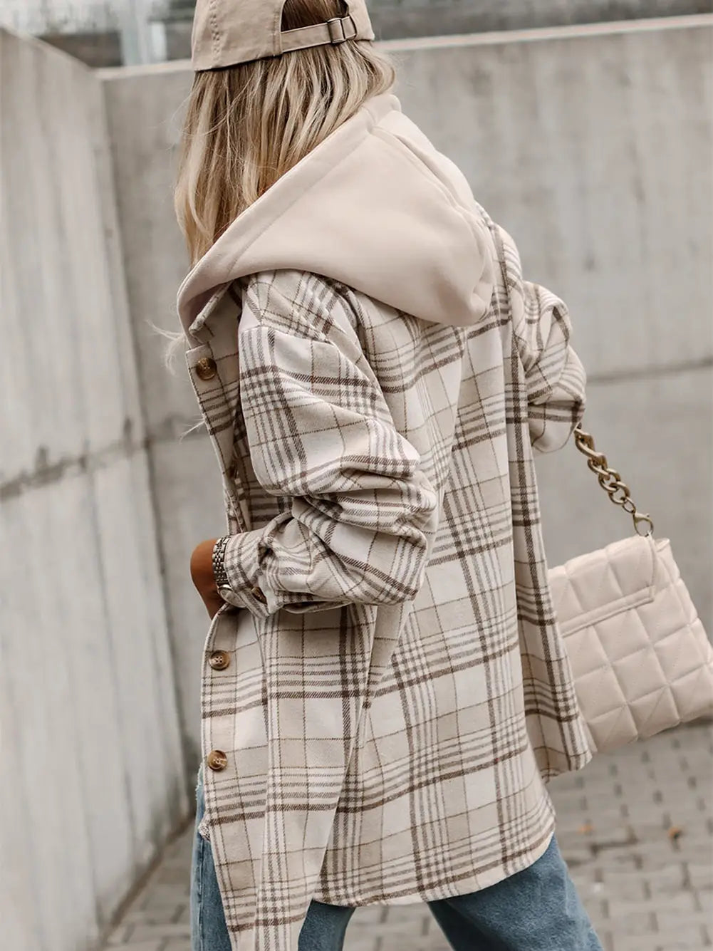 Khaki Plaid Shacket with Removable Hood