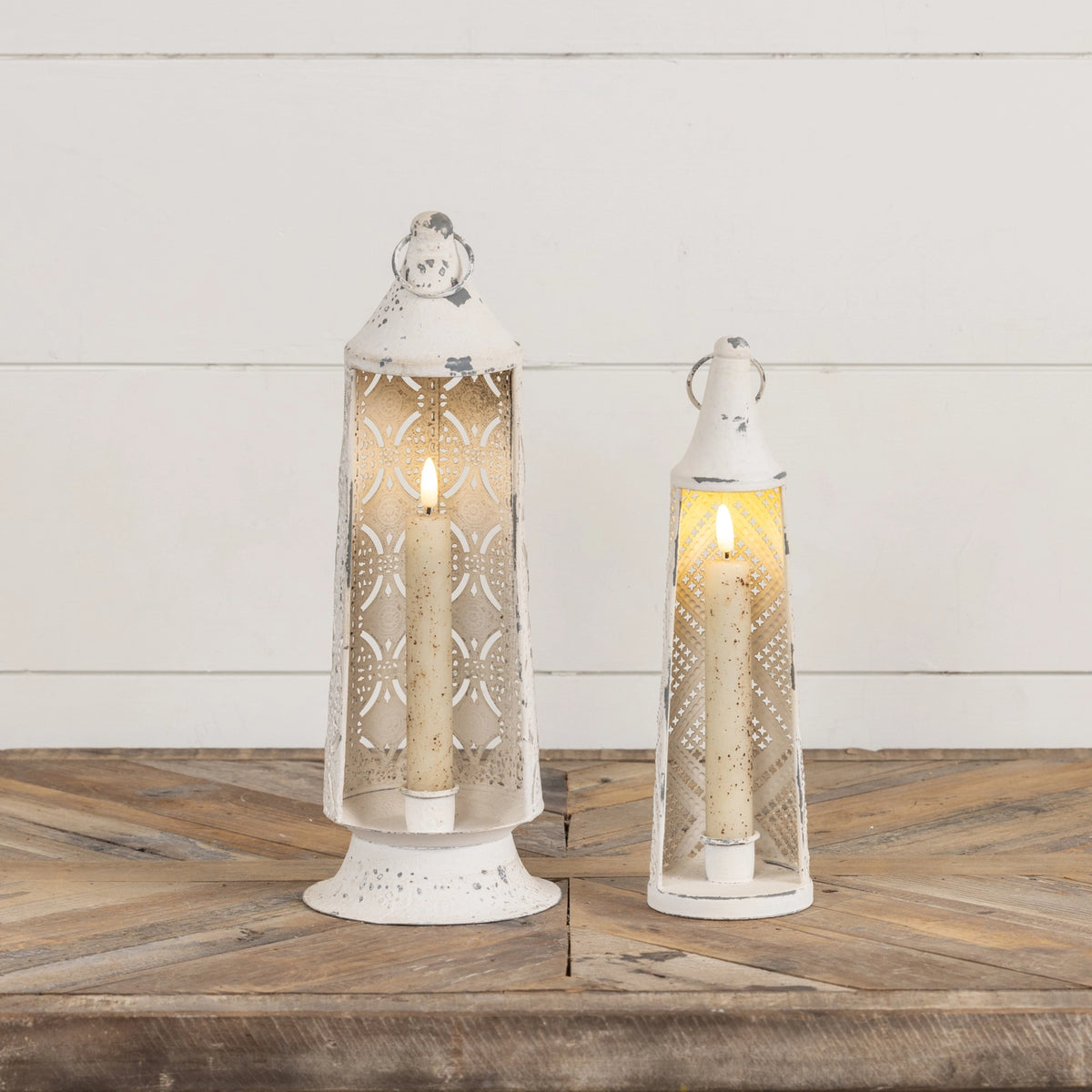 Stamped Metal Taper Candle Lantern | Vintage Cream