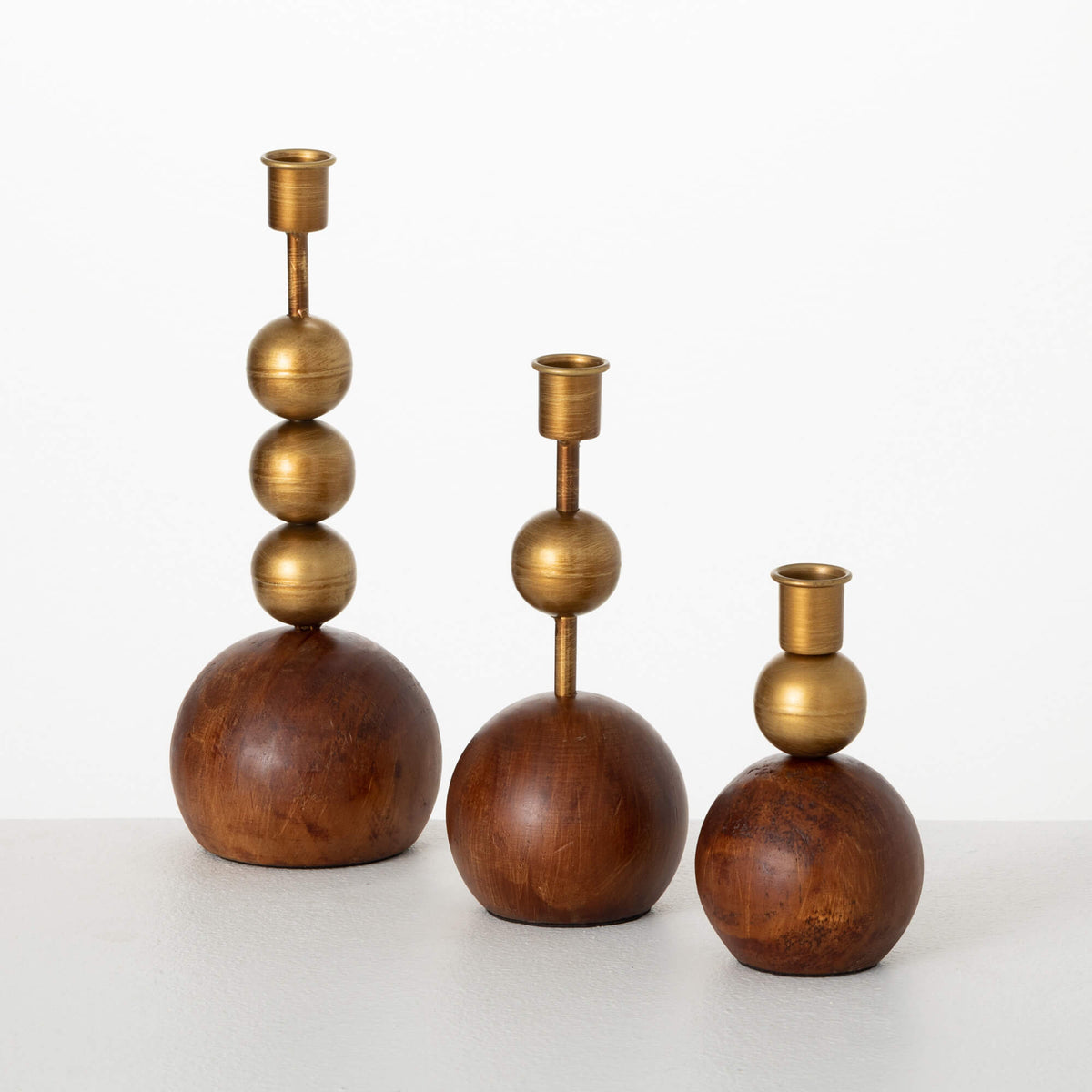 Gold &amp; Wood Orb Taper Candle Holders