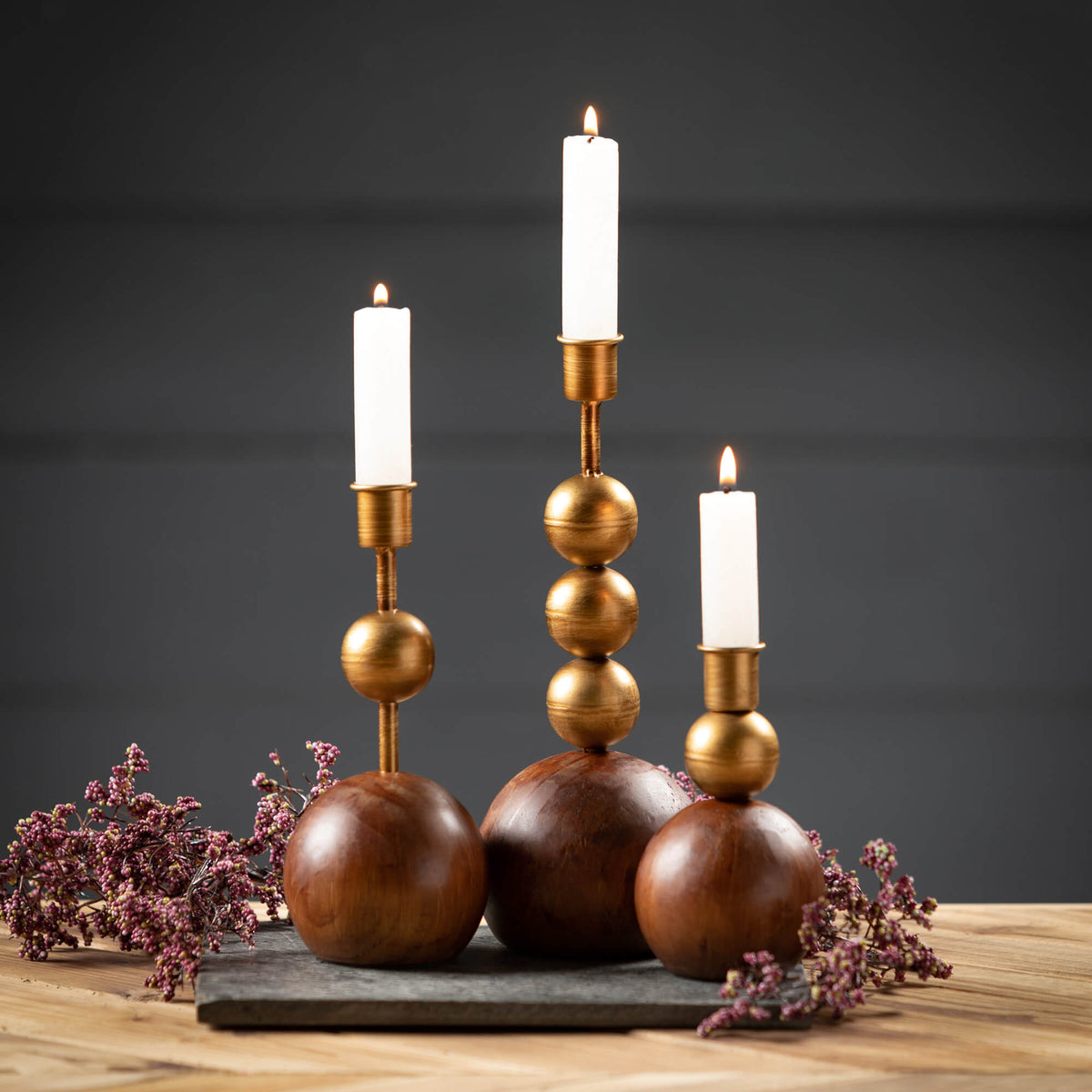 Gold &amp; Wood Orb Taper Candle Holders