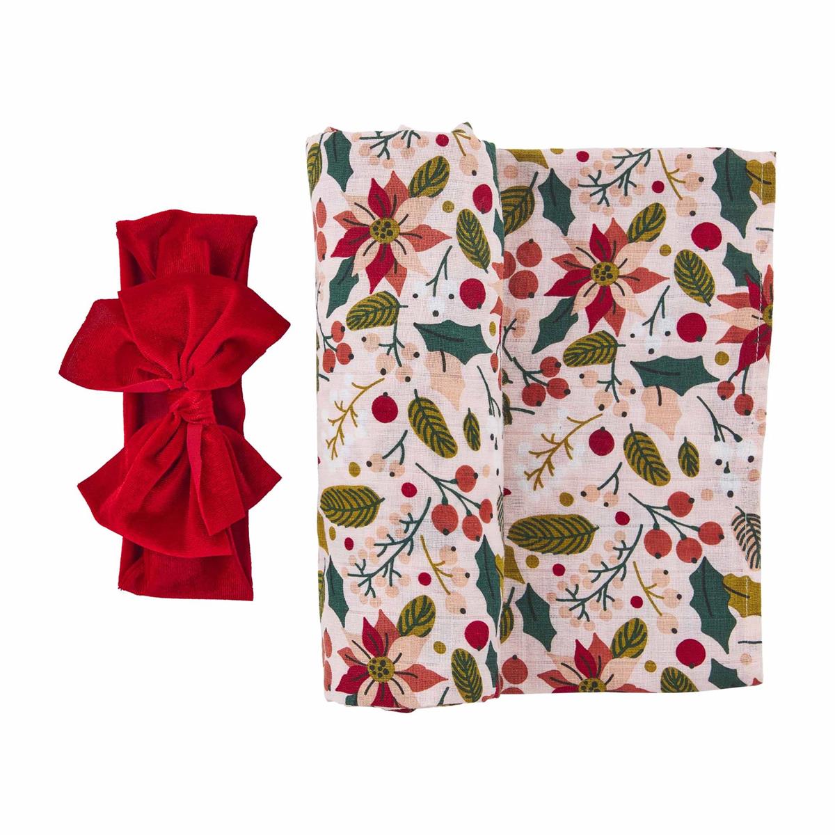 Holiday Floral Swaddle Blanket &amp; Bow