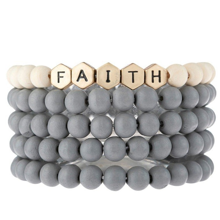 Faith | Wood Bead Stack Bracelet | Gray