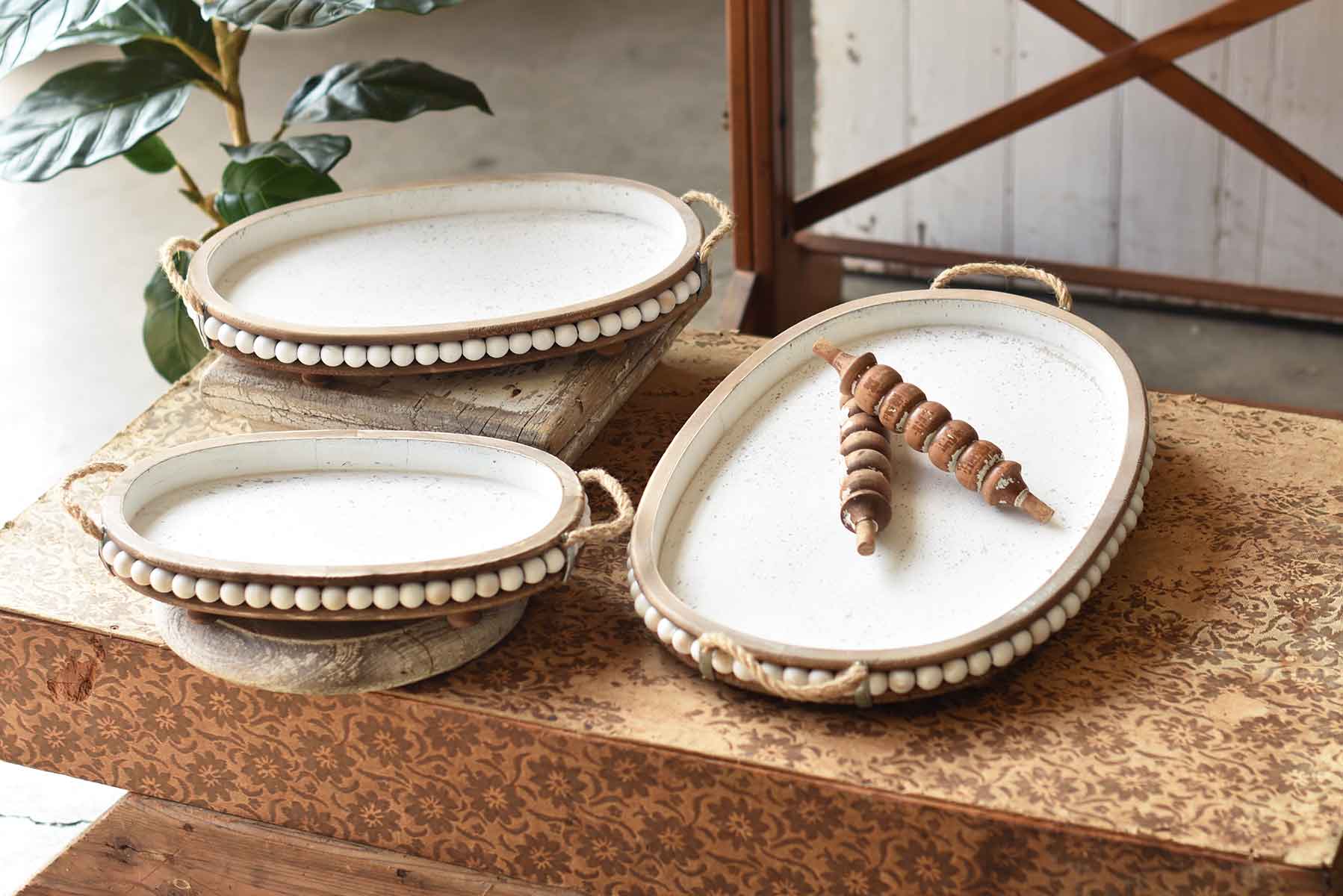 Beaded Wood Oval Tray