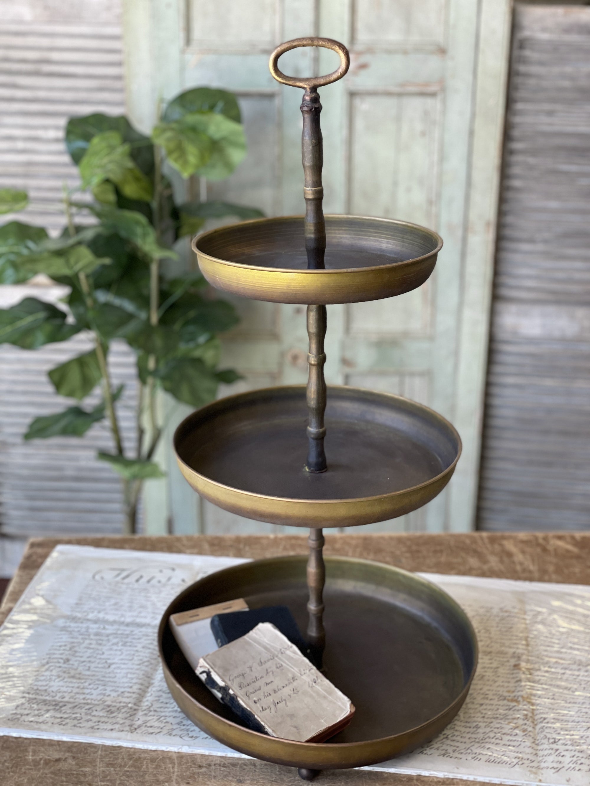 Three Tiered Pedestal | Antique Brass