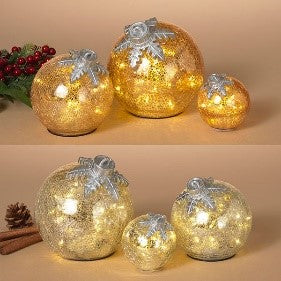 Lighted Crackle Glass Orb Ornaments | Battery Operated