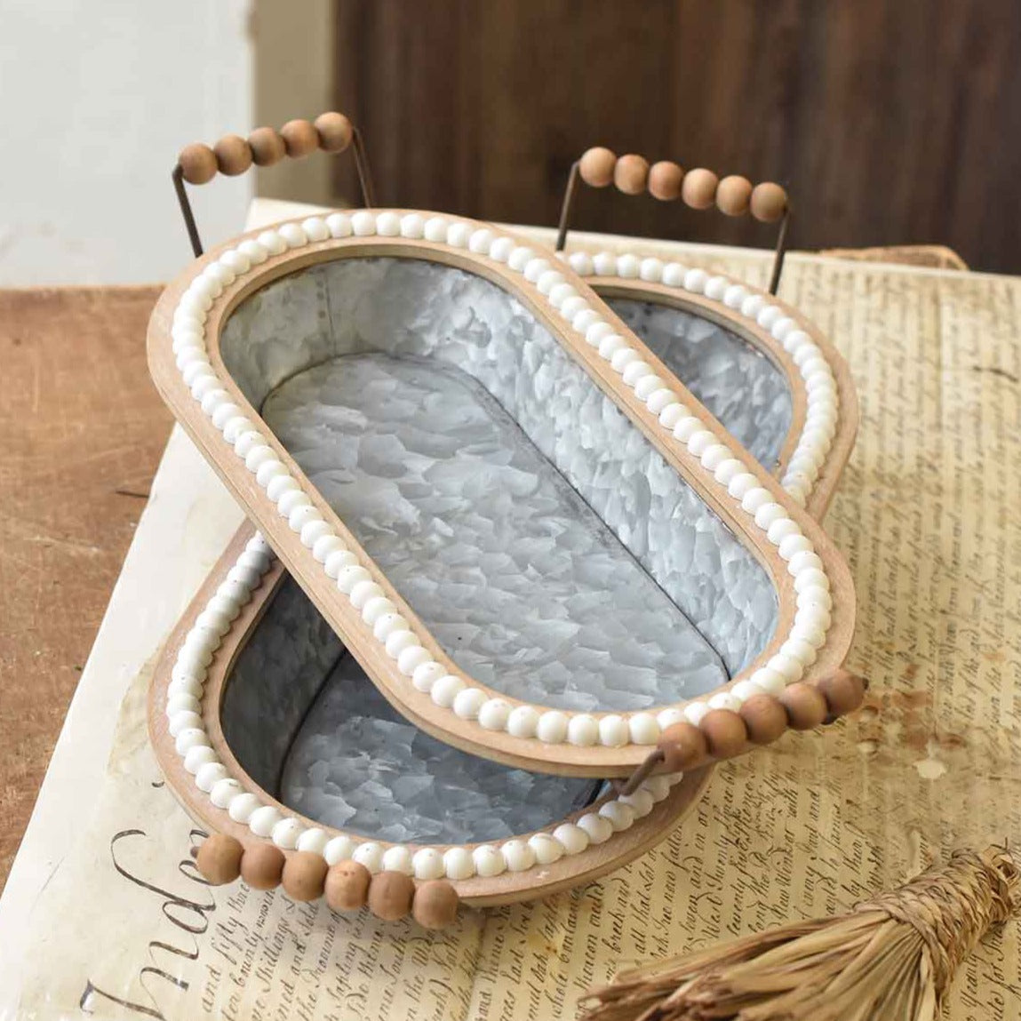 Beaded Wood &amp; Metal Tray | Oblong