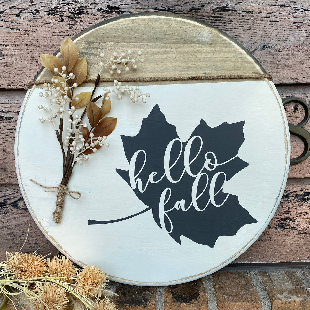 Hello Fall Leaf | Cream &amp; Grey | 18&quot; Handmade Sign