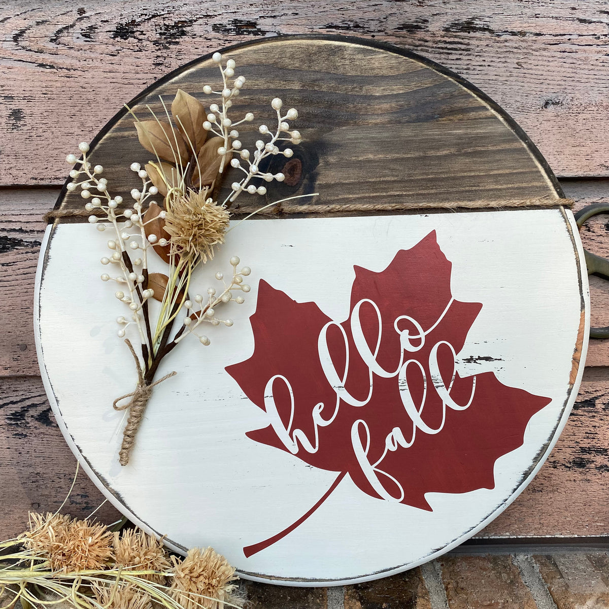 Hello Fall Leaf | Cream &amp; Rust | 18&quot; Handmade Sign