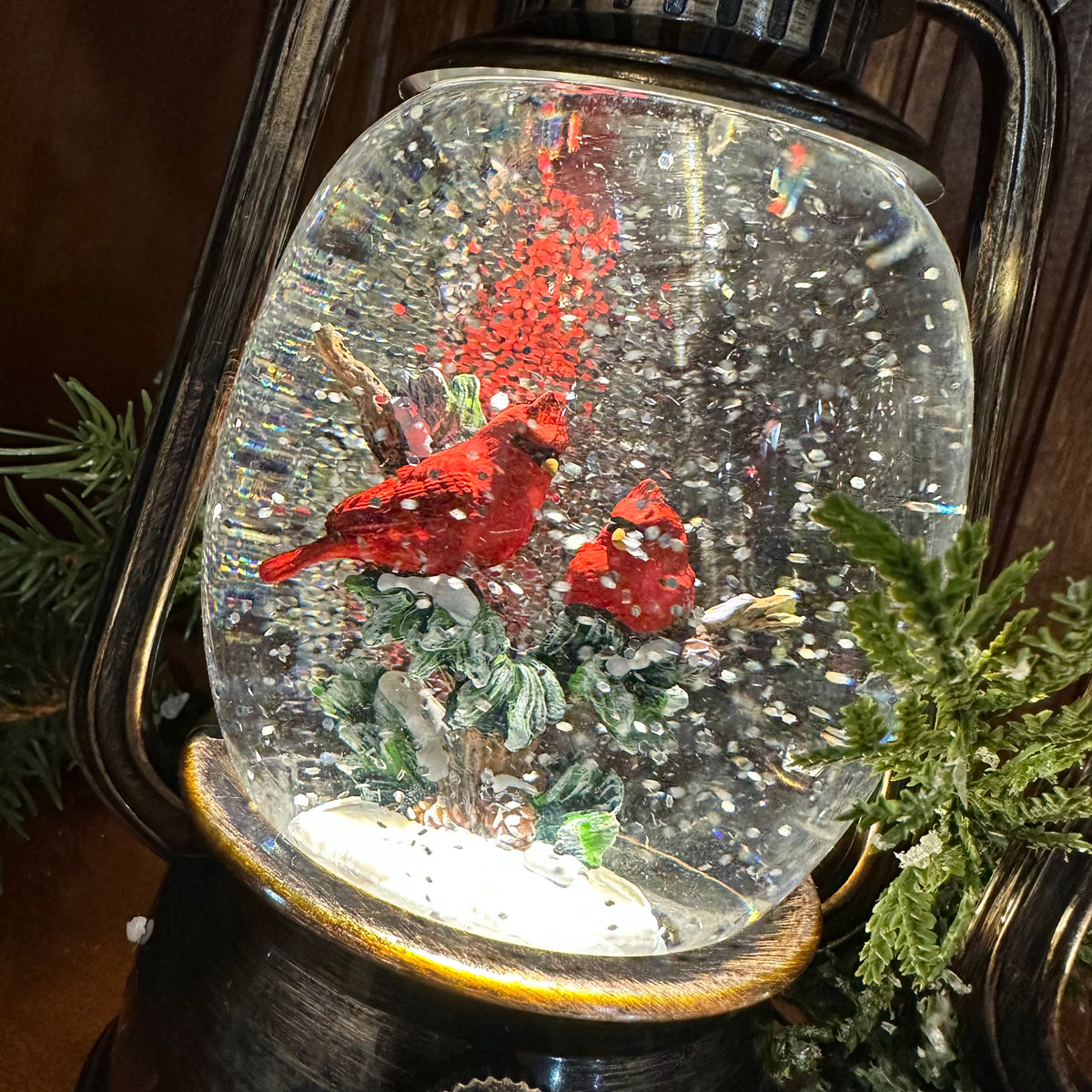 Cardinal Lantern Spinning Snow Globe | Battery Operated